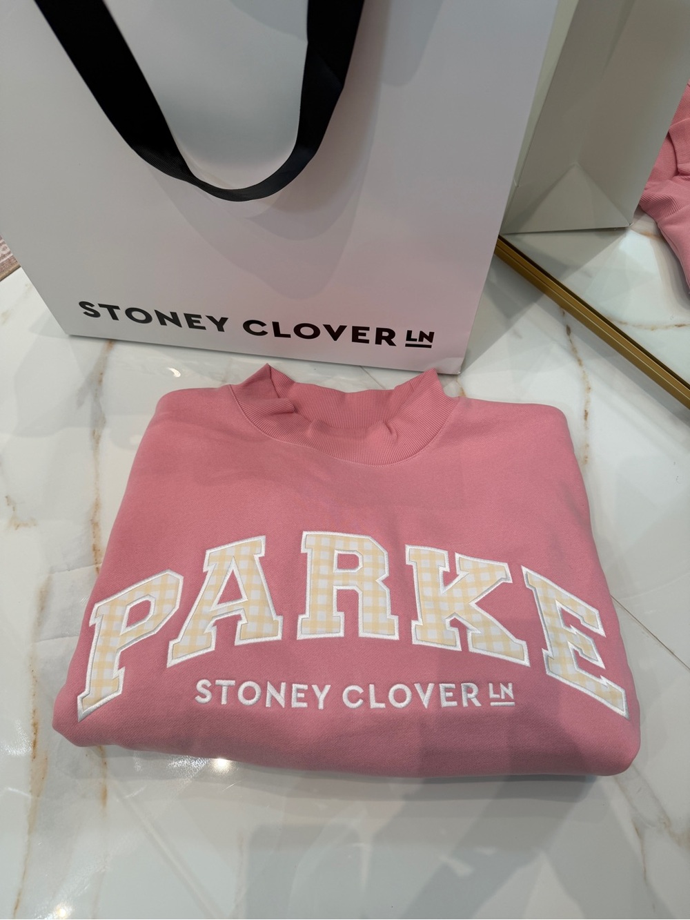 Parke x Stoney Clover Lane Pink Parker Gingham-Trim mock neck Sweatshirt